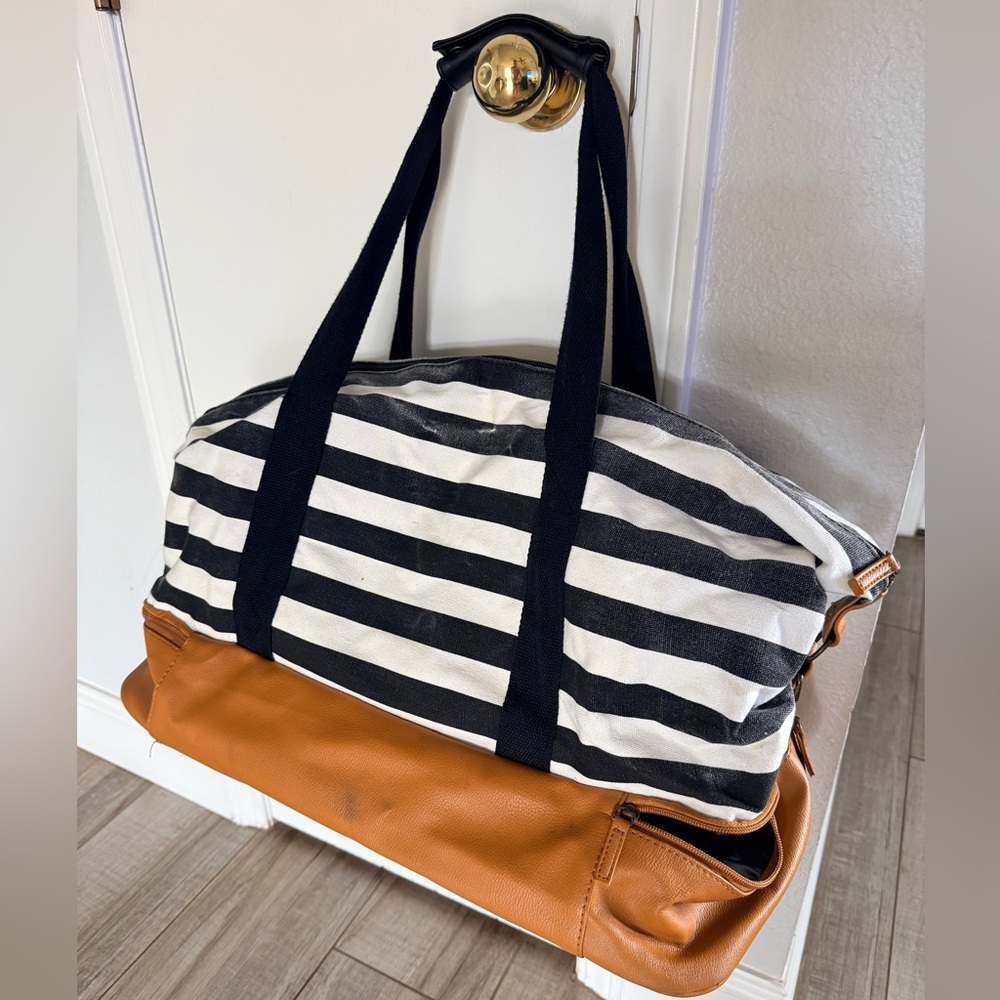 Striped Canvas Weekender Tote Cognac Leather Base